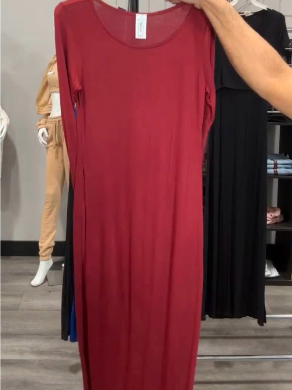 Women's Long Scoop Neck Dress in Burgundy with long slits both sides